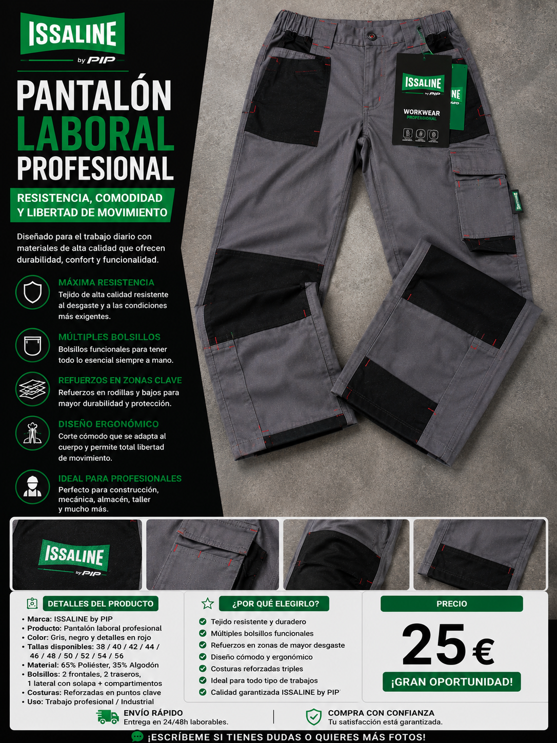 Pantalón Laboral Profesional Issaline by PIP — Gris/Negro con Detalles en Rojo