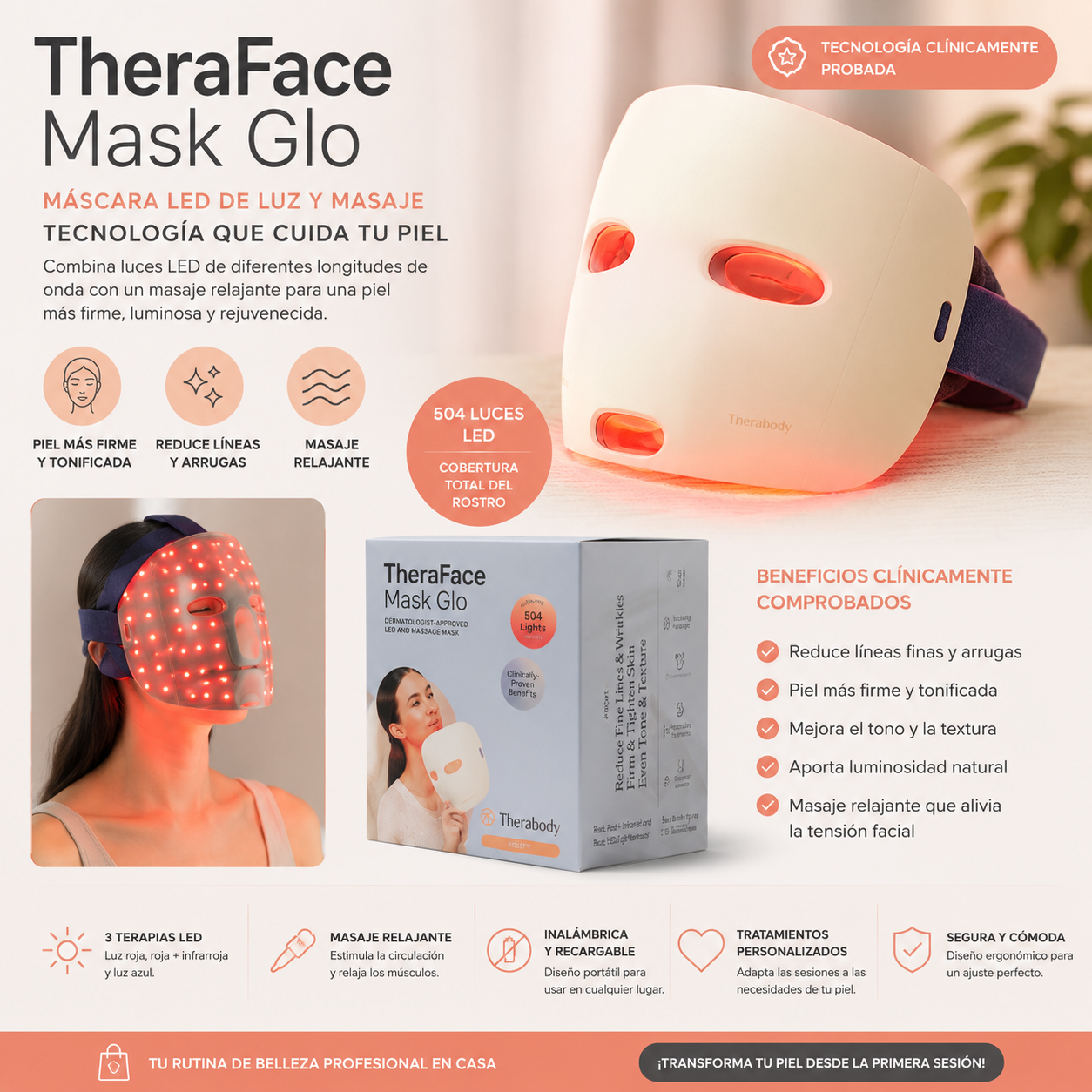 herabody TheraFace Mask Glo — Máscara LED de Luz y Masaje Facial
