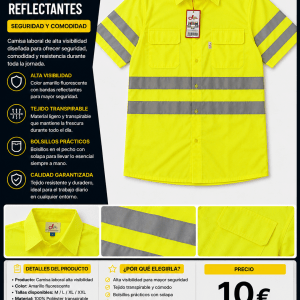 Camisa Laboral de Alta Visibilidad con Bandas Reflectantes — Amarillo Fluorescente | Tallas M, L ,XL y XXL