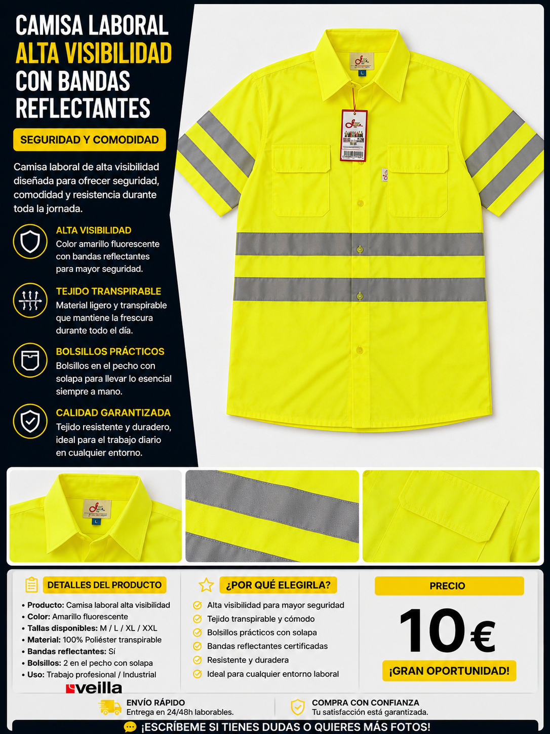 Camisa Laboral de Alta Visibilidad con Bandas Reflectantes — Amarillo Fluorescente | Tallas M, L ,XL y XXL