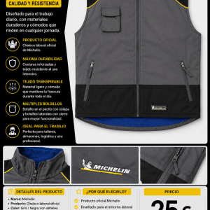 Chaleco Laboral Michelin Acolchado — Gris/Negro con Detalles Amarillos | Tallas M-XXL