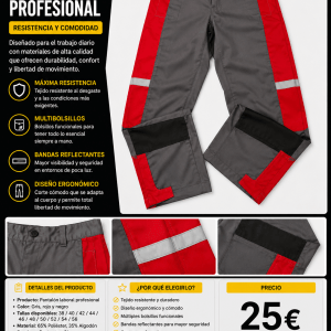 Pantalón Laboral Profesional Tricolor — Gris, Rojo y Negro | Tallas M, L y XL