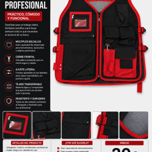 Chaleco Multibolsillos Profesional — Negro y Rojo, Talla Única