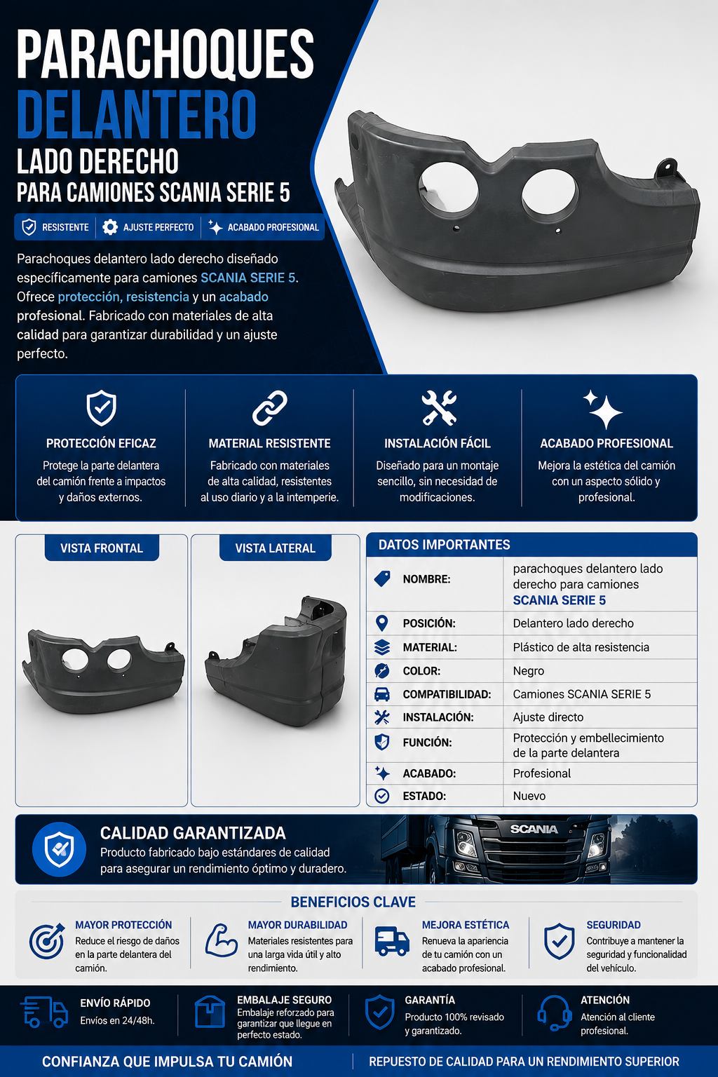 Parachoques delantero lado derecho para camiones SCANIA SERIE 5