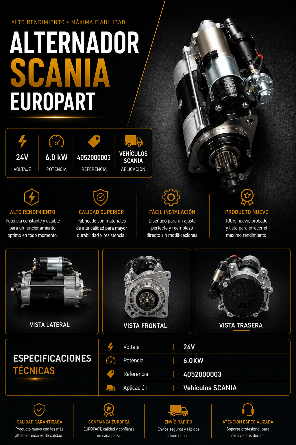 Alternador Scania EUROPART 24V 6,0 kW – Referencia 4052000003