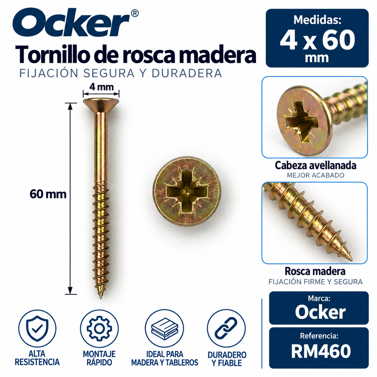Tornillo rosca madera Ocker 4 x 60 mm – Ref. RM460