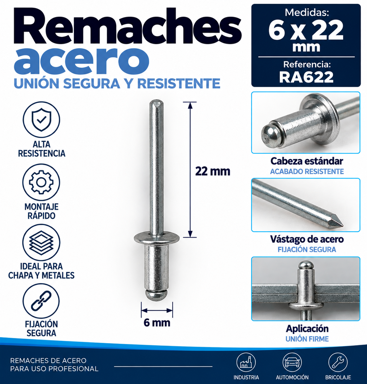 Remaches acero 6 x 22 mm – Ref. RA622