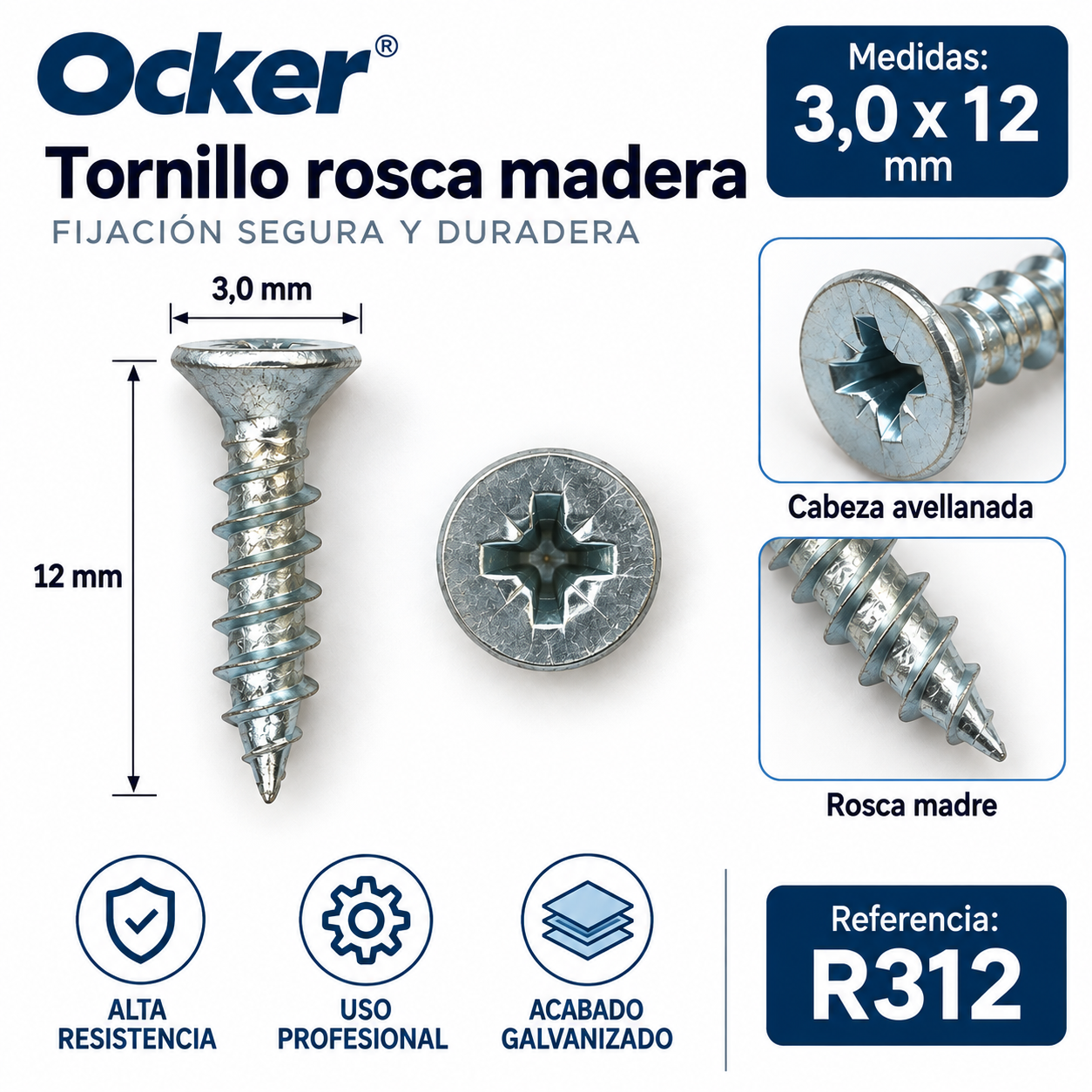 Tornillo rosca madera Ocker 3,0 x 12 mm – Ref. R312