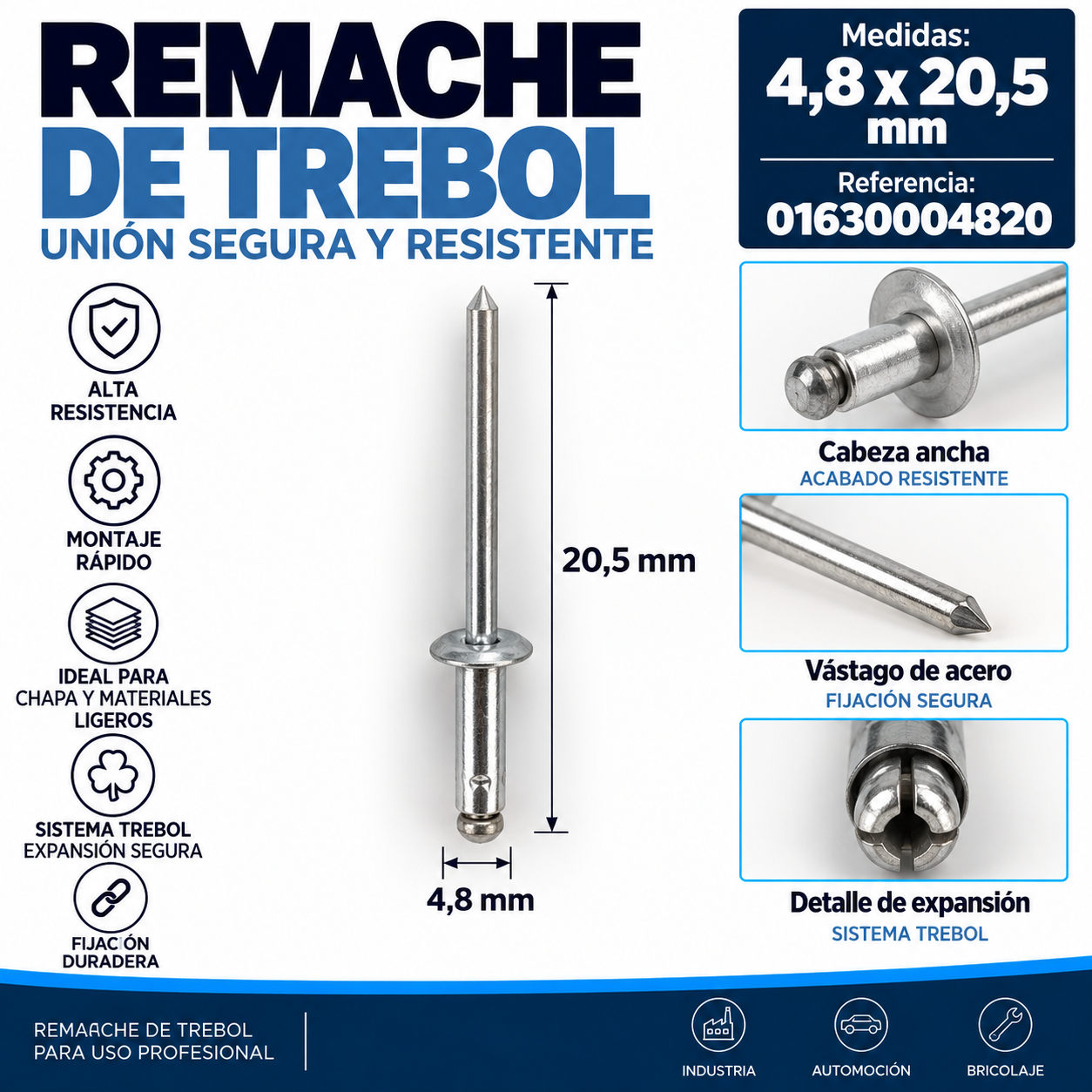 Remache de trébol 4,8 x 20,5 mm – Ref. 01630004820
