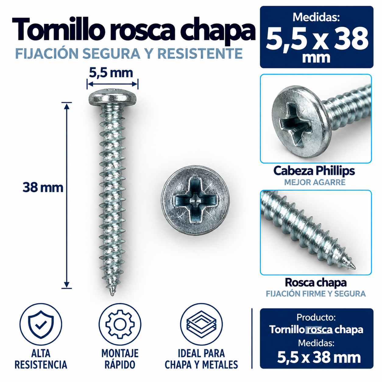 Tornillo rosca chapa 5,5 x 38 mm